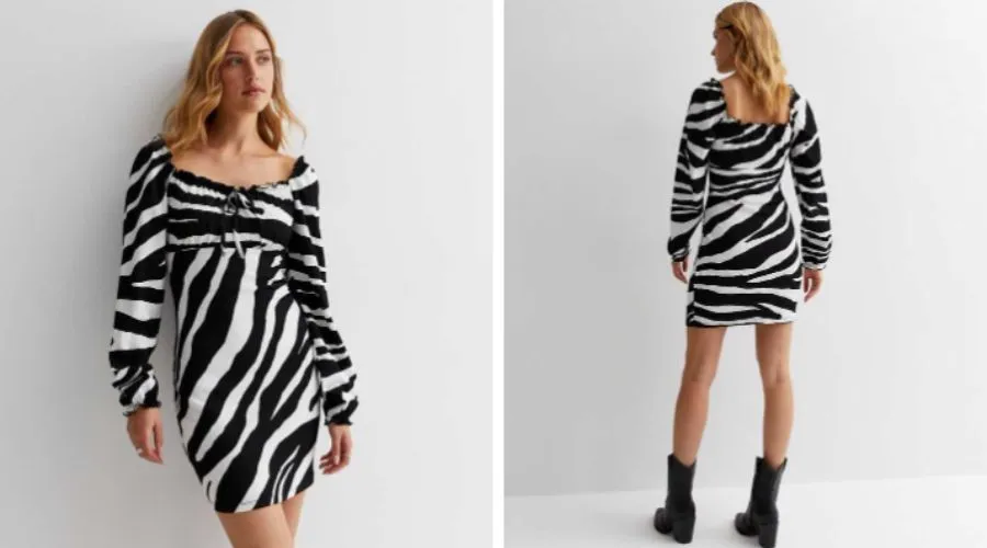 Black zebra print crinkle jersey square neck long sleeve mini dress
