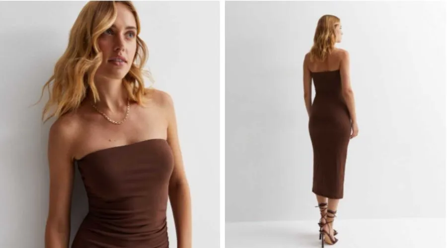 Dark brown jersey bandeau bodycon midi dress