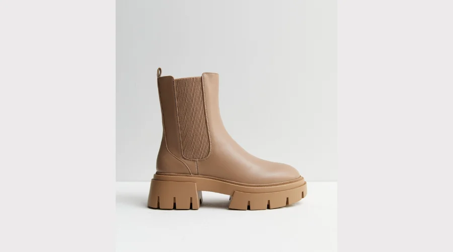 Camel Leather-Look Chunky Cleated Sole Chelsea Boots