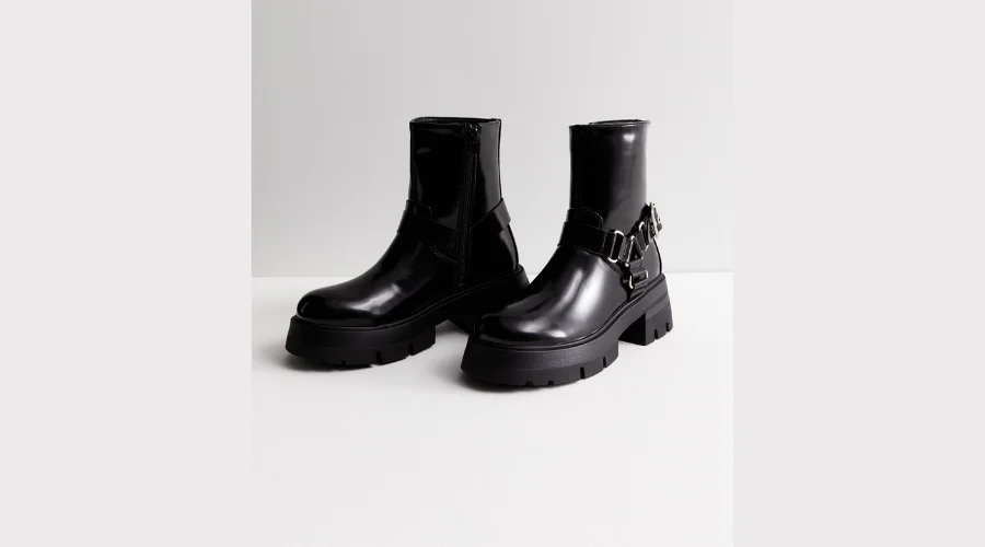 Public Desire Black Leather-Look Chunky Biker Boots