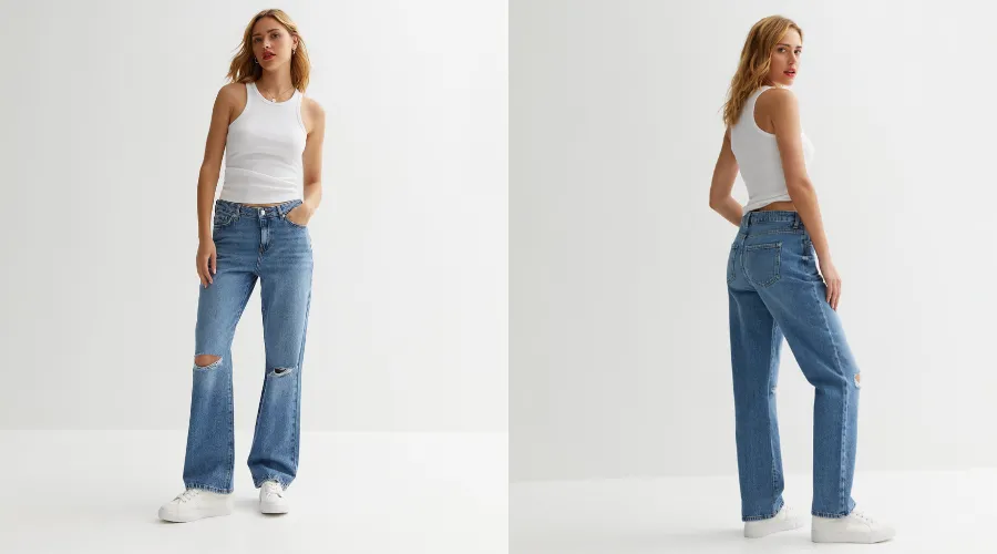 Blue low rise ripped dad jeans | Feednexus