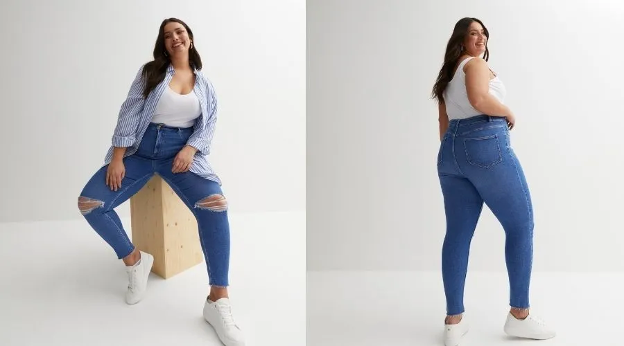 Curves bright blue high waisted ripped skinny jeans | Feednexus