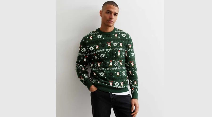 Dark green penguin print knitted jumper