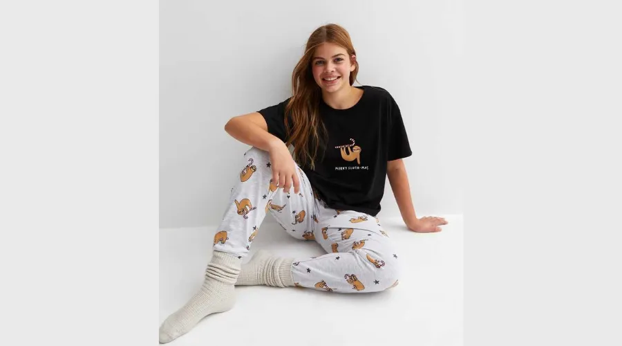 Girls Black Jogger Pyjama with Merry Sloth-Mas Logo