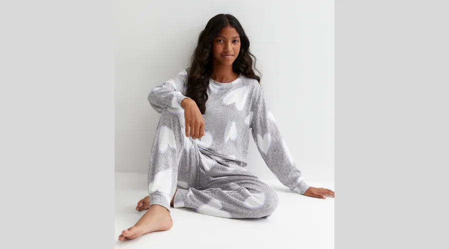 Girls Light Grey Jogger Pyjama Set with Heart Print