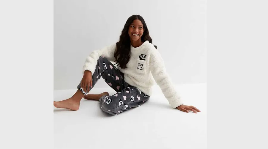 Girls White Jogger Pyjama Set with Panda Print