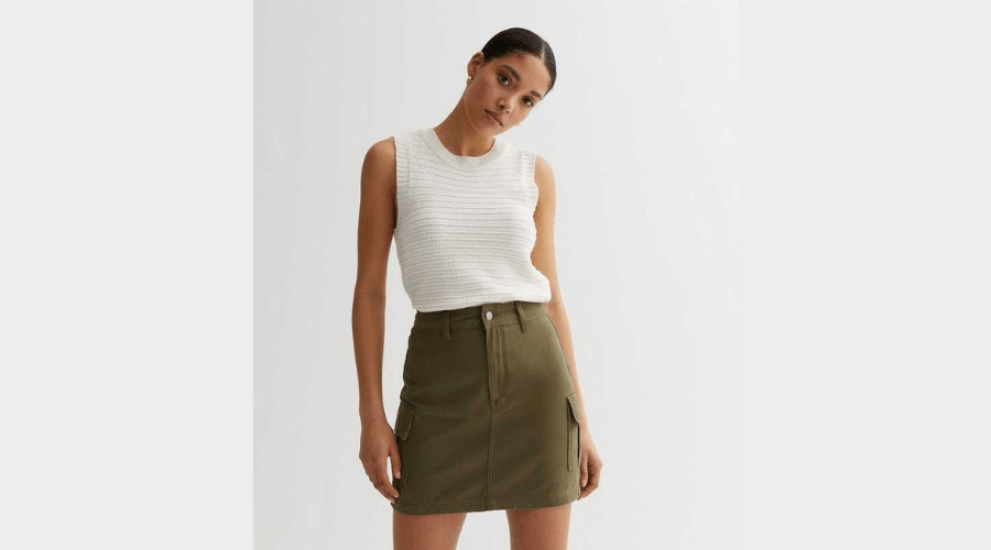 Khaki denim high waist utility mini skirt