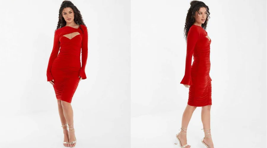 Quiz Red Long Sleeve Ruched Knot Front Midi Bodycon Dress 