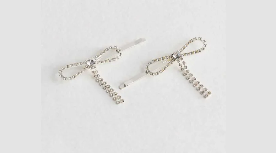 2 Pack Silver Diamanté Tassel Bow Hair Slides