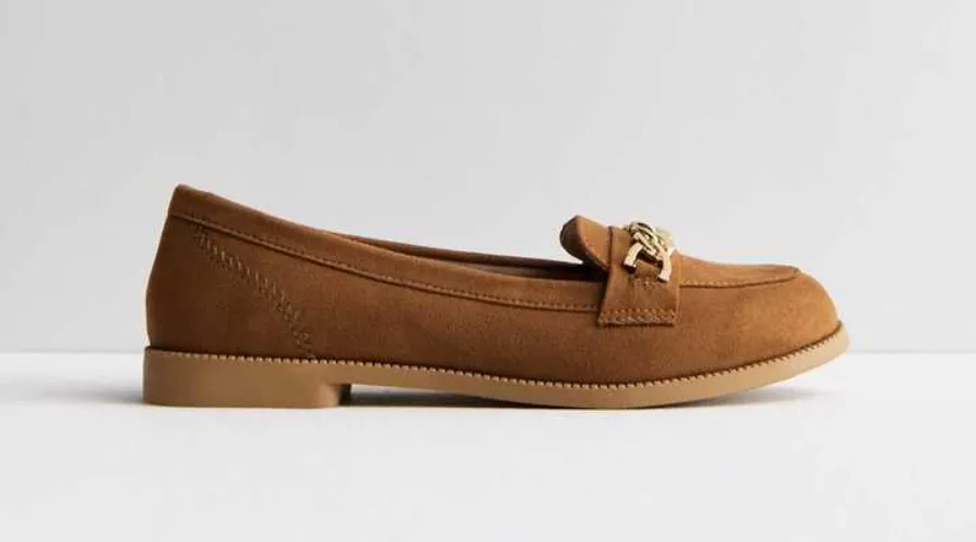 Wide Fit Tan Suedette Gold Chain Buckle Loafers