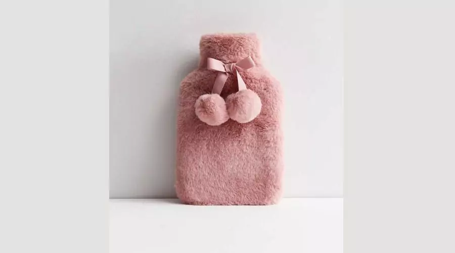 Pink Faux Fur Pom Pom Hot Water Bottle 