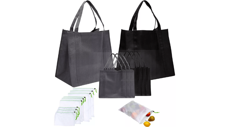 Okuna Outpost Set of 15 Medium Non Woven Shopping Tote Bags, Reusable Mesh Drawstring Produce Grocery Bags, 5 Sizes