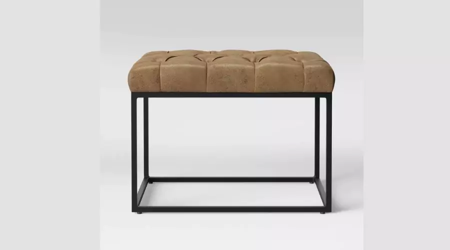 Trubeck Tufted Metal Base Ottoman Faux Leather Brown - Threshold