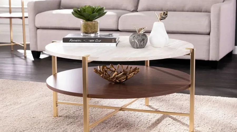 Amelia Round Faux Marble Cocktail Table Brass