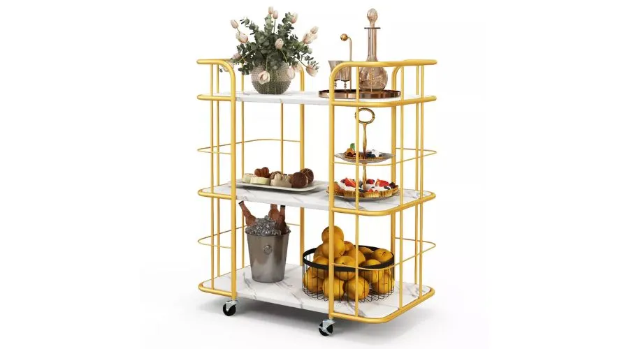 Costway 3-Tier Storage Utility Cart Gold Rolling Bar Serving With Lockable Casters