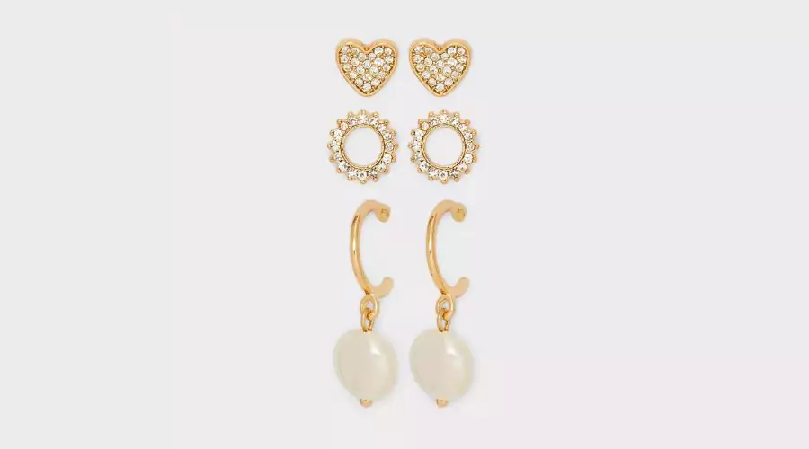 A New Day-Clear Stones Gold Stud Pearl Heart Earrings 