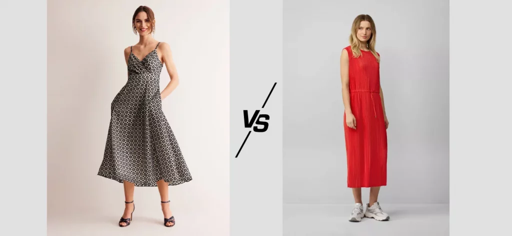 Organza strapless dress vs. Sleeveless midi dress