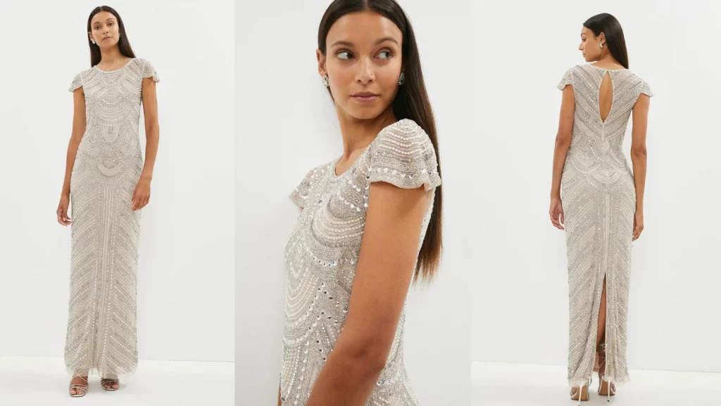 Beaded Pearl Art Deco Maxi Dress Black