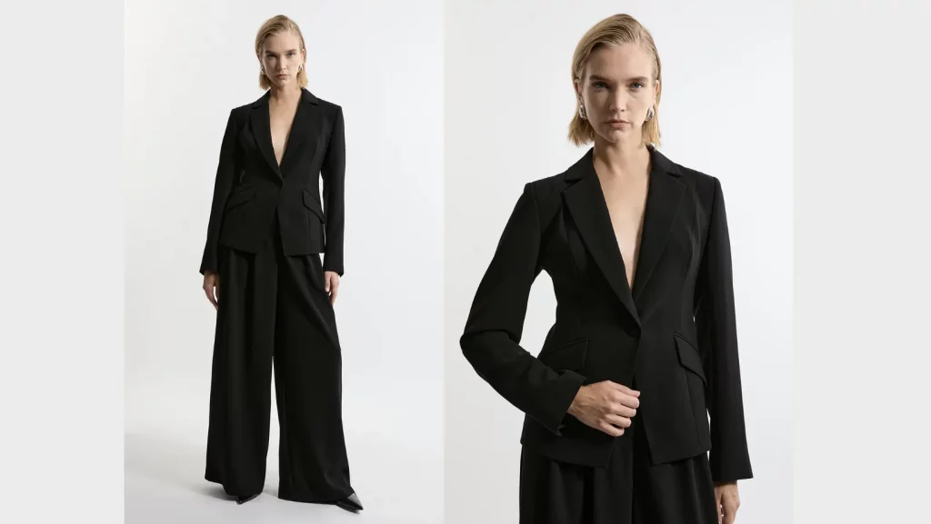 Crepe Double Breasted Blazer Wide Leg Trousers Black