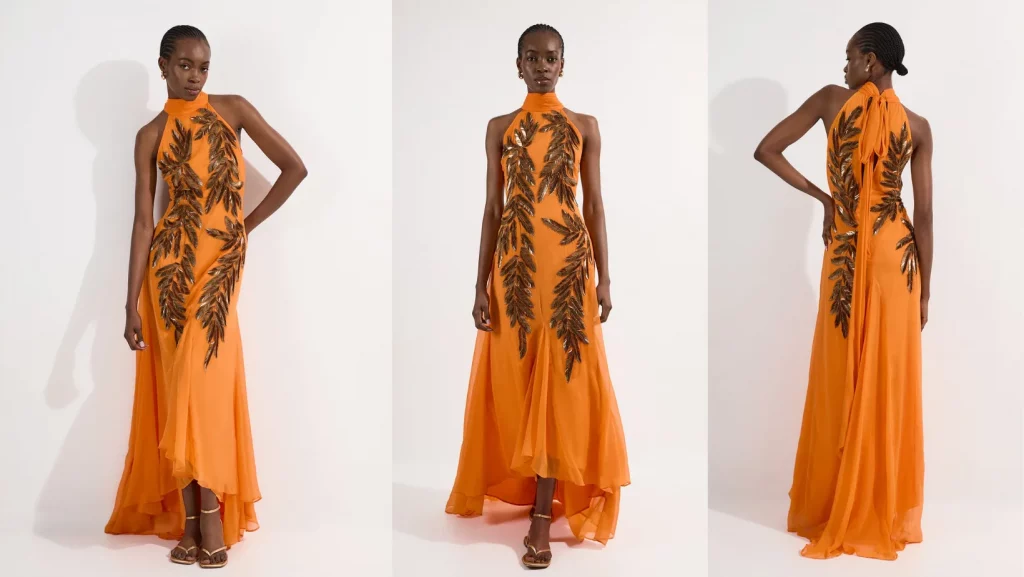 Halter Neck Feather Sequin Detail Maxi Dress Orange