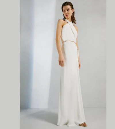Karen Millen Crepe Satin Halter Neck Maxi Dress Ivory 1