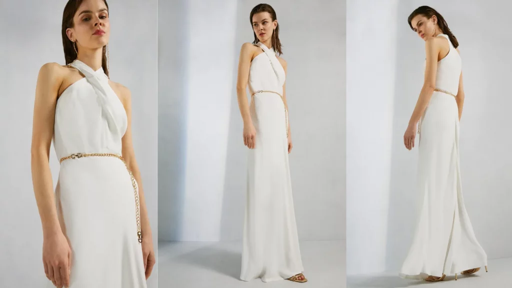 Karen Millen Crepe Satin Halter Neck Maxi Dress Ivory