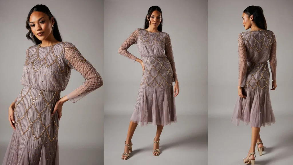 Party Sequin Long Sleeve Midi Dress Champagne