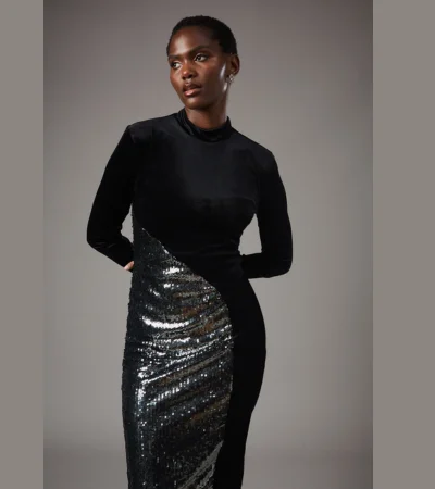 Party Sequin Long Sleeve Velvet Pencil Dress Black 1