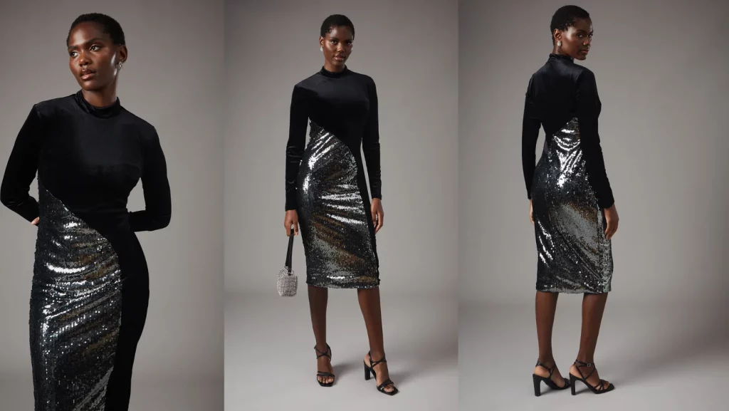 Party Sequin Long Sleeve Velvet Pencil Dress Black