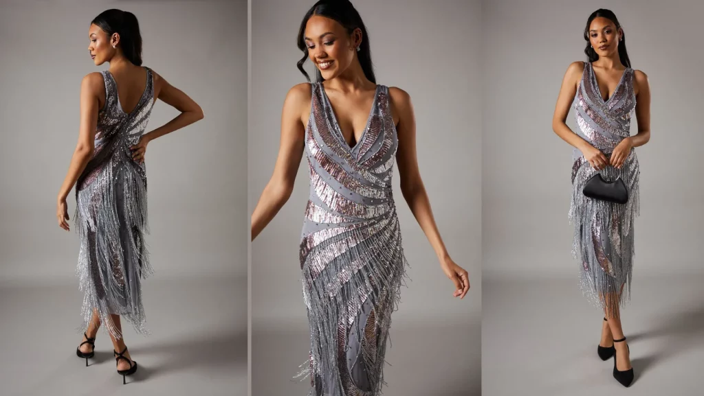 Party Sequin Silver Fringe Midi Dress