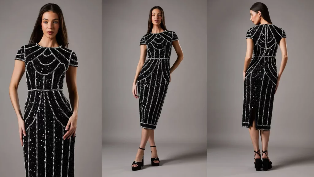 Pearl Embellished Cap Sleeve Column Maxi Dress Black