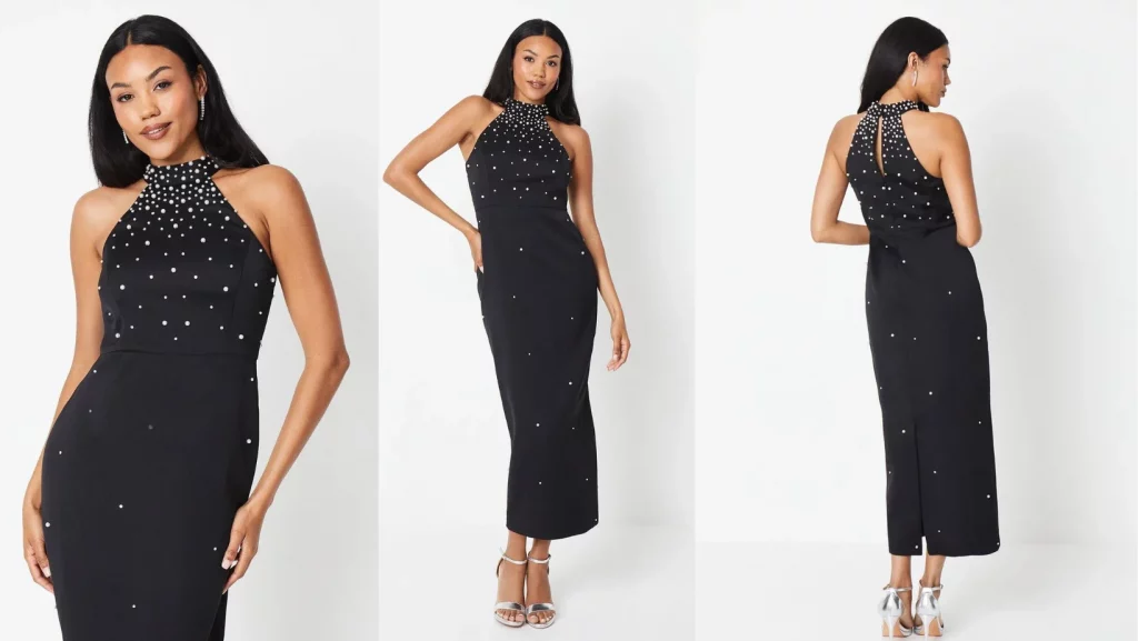 Pearl Embellished Evening Maxi Dress Silver
