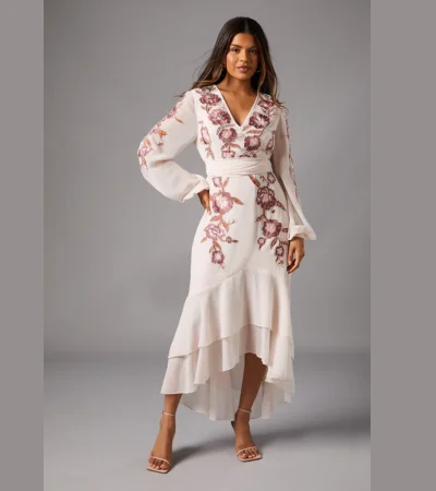 Petite Sequin Embellished Embroidered Hi‑Low Maxi Dress 1