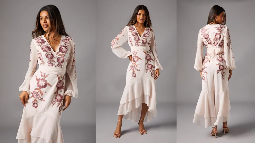 Petite Sequin Embellished Embroidered Hi‑Low Maxi Dress