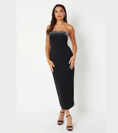 Premium Pearl Jewel Bandeau Maxi Dress Ivory 1