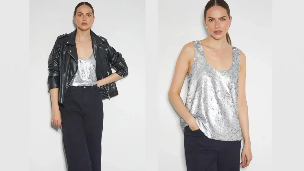 Sequin Embellished Top Sequin Wide Leg Trousers Silver