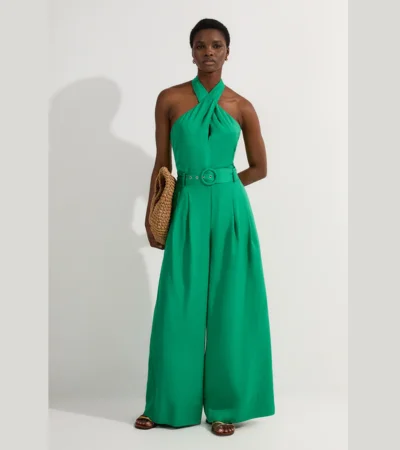 Tie Neck Halterneck Wide Leg Jumpsuit Green 1