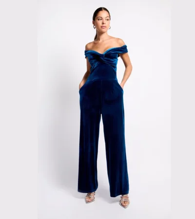 Velvet Bardot Wide Leg Jumpsuit Dark Blue 1