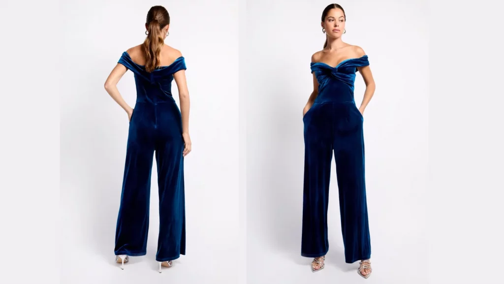Velvet Bardot Wide Leg Jumpsuit Dark Blue