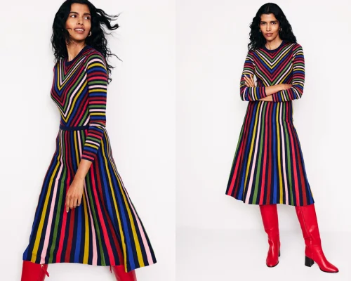 Kraftige Streifen treffen auf eleganten Komfort – Maria ist Ihr Strickkleid fur alle Gelegenheiten mit muhelosem Charme