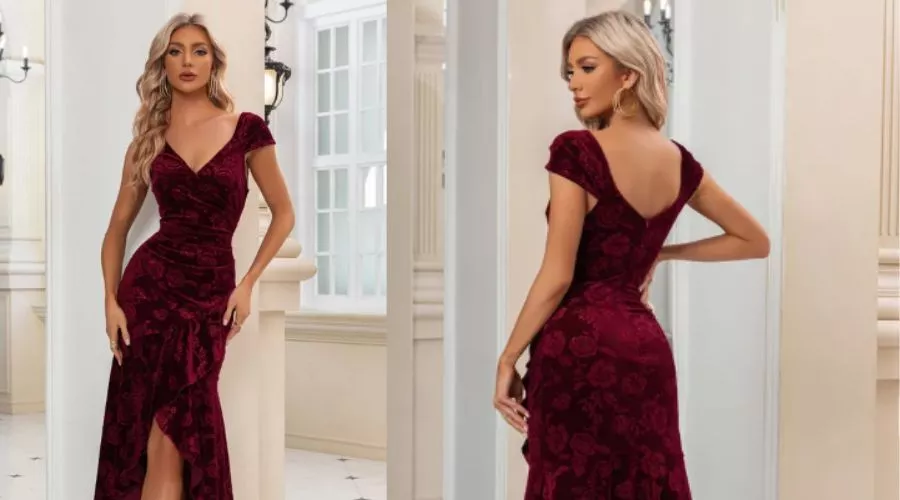 Ruched V-Neck Cap Sleeve Trumpet-Mermaid Velvet Asymmetrical Midi Dress