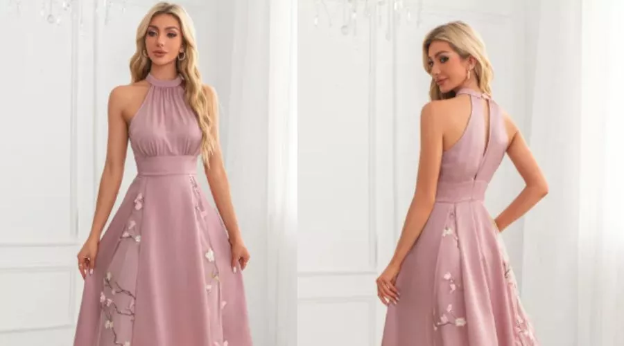 Halter Sleeveless A-Line Jacquard Satin Midi Dress