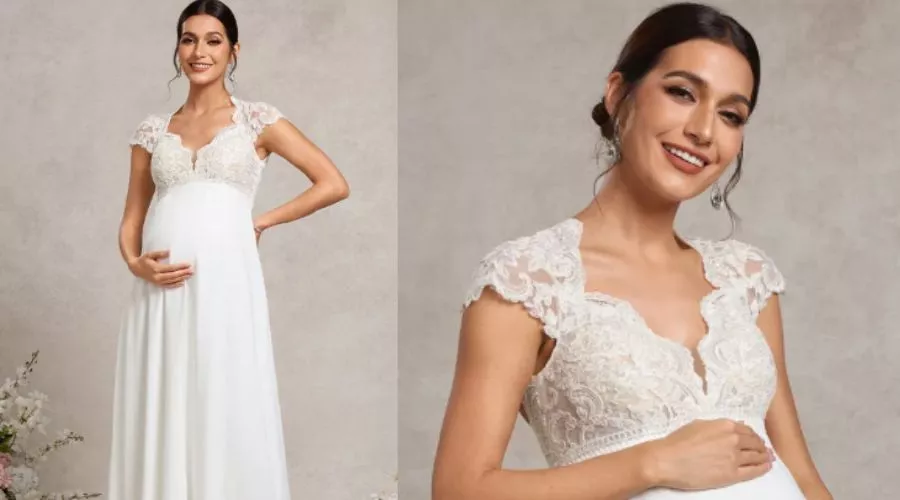 A-Line Queen Anne Floor-Length Lace Chiffon Maternity Dress