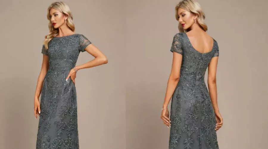 A-Line Boat Neck Ankle-Length Lace Evening Dress with Sequins