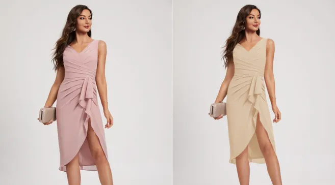 5 Deziree Pleated Chiffon V neck Midi Dress converted