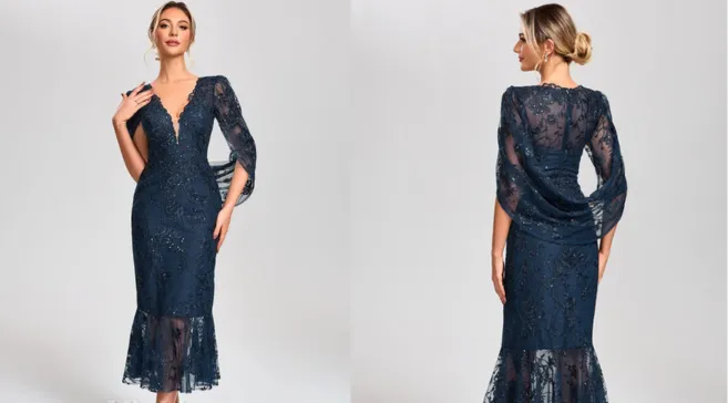 6 Tahiry Cape V neck Lace Midi Dress converted