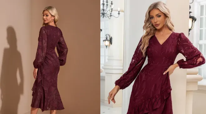 The Evalee Chiffon V neck A Line Midi Dress converted