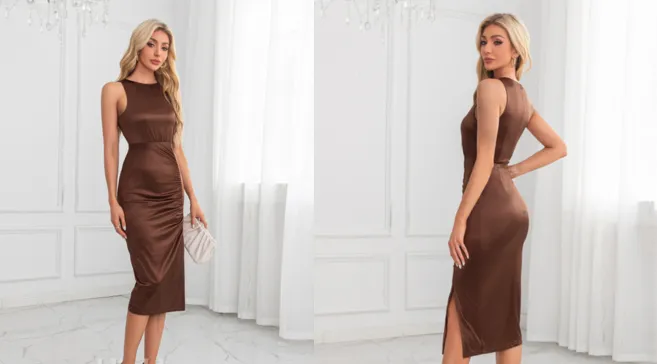 The Realta Satin Scoop Neck Midi Dress converted